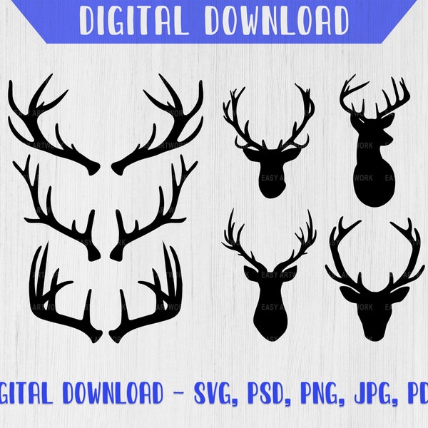 Deer & Antlers SVG File Bundle - Deer SVG, Antlers Download, Deer Template File, Deer Svg Png Download, Antler Deer Digital Download