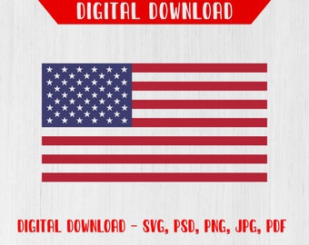 May include: A digital download of a red, white, and blue American flag graphic. The flag is in a simple, flat style with white stars on a blue field and 13 red and white stripes.