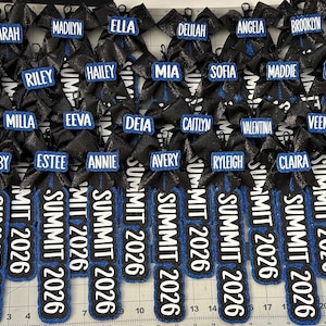 May include: A collection of personalized cheerleading bows. Each bow features a name tag and a tag that says "SUMMIT 2026". The bows are black with blue accents and white lettering. The bows are arranged on a light-colored surface.