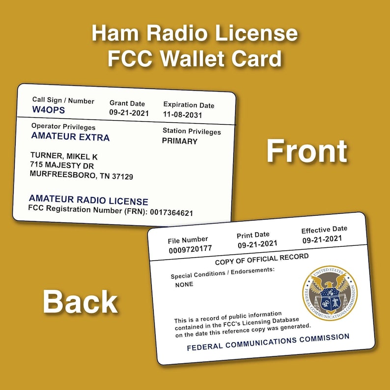 May include: A white card with the text "Ham Radio License FCC Wallet Card" at the top. The front of the card shows the call sign W4OPS, the grant date 09-21-2021, the expiration date 11-08-2031, the operator privileges "Amateur Extra", the station privileges "Primary", and the name and address of the license holder. The back of the card shows the file number 0009720177, the print date 09-21-2021, the effective date 09-21-2021, and the text "Copy of Official Record". The card also includes the seal of the Federal Communications Commission.