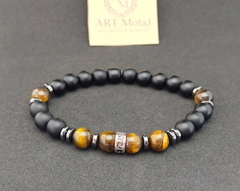 Men's Matte Black Onyx Bracelet, Tiger's Eye Gemstone, Handmade
