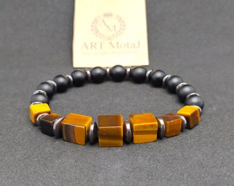 Handmade Matte Black Onyx & Tiger Eye Gemstone Bracelet