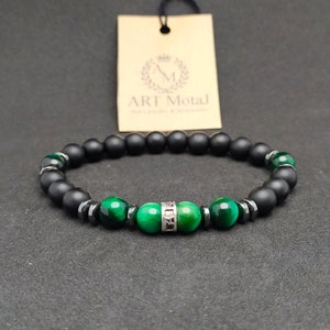 Pulsera para hombre, ónix negro mate, piedras preciosas de ojo de tigre VERDE de 8 mm, pulsera fresca para hombres, pulsera elástica, pulsera de piedras preciosas, pulsera curativa