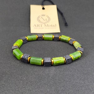 Ethnic Bracelet Man, Real Canadian Jade, Lava rock, Gemstones 6x10mm Bracelet, Stretch Bracelet, Gemstone Bracelet, Healing Bracelet