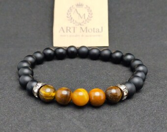 Mens Matte Black Onyx Bracelet, Tigers Eye Gemstone, Handmade