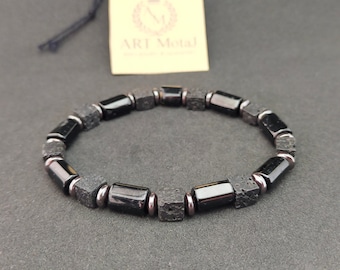 Black Tourmaline Bracelet, Hematite Lava Rock Gemstone, Men's Healing Bracelet
