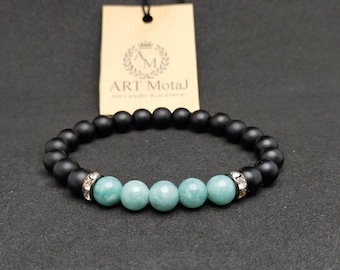 Men's Green Jade Bracelet, Matte Black Onyx Gemstone, Stretch Bracelet