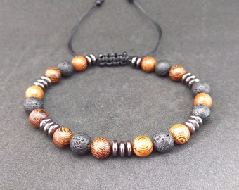 Mens Wooden Lava Stone Bracelet, Handmade Adjustable Gemstone Bead