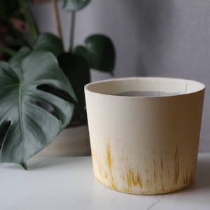 8 inch pot - decorated planter - concrete pot - hand painted pot - white pot - cylinder pot - mustard yellow pot - cement pot - planter pot