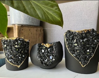 6 inch Geode pot - concrete pot - hand painted pot - stone pot - crystal pot - planter pot - cylinder pot - black pot - cast stone pot