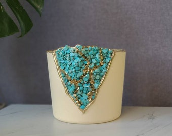 6 inch Geode pot - tourquise pot - gemstone pot - cylinder pot - small pot - home decore pot - concrete pot - decorative pot - gold pot