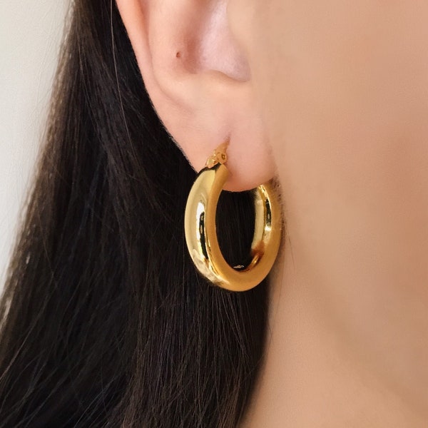 Chunky Gold Tube Hoops, Thick Gold Hoops, 925 Sterling Silver, Thick Huggie Hoops Gold, Gold or Silver Colored Chunky Tube Hoops