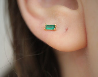 Green CZ Rectangular Stud Earring, Green Gemstone Tiny Gold Stud, Green CZ Rectangle Piercing