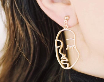 Face Earrings, Abstract Female Face Earrings, Dangle Face Earrings Gold, Face Drop Earrings On Posts