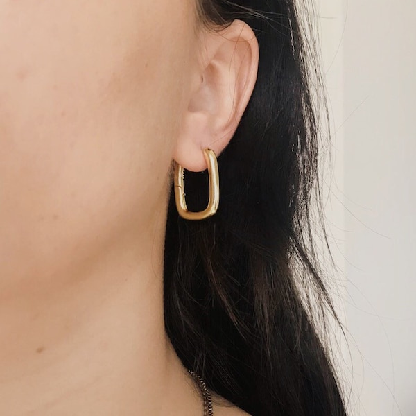 Gold Rectangular Hoops, 925 Sterling Silver Chunky Geometric Hoop Earrings, Thick Golden Hoop Earrings, Minimalist Huggies