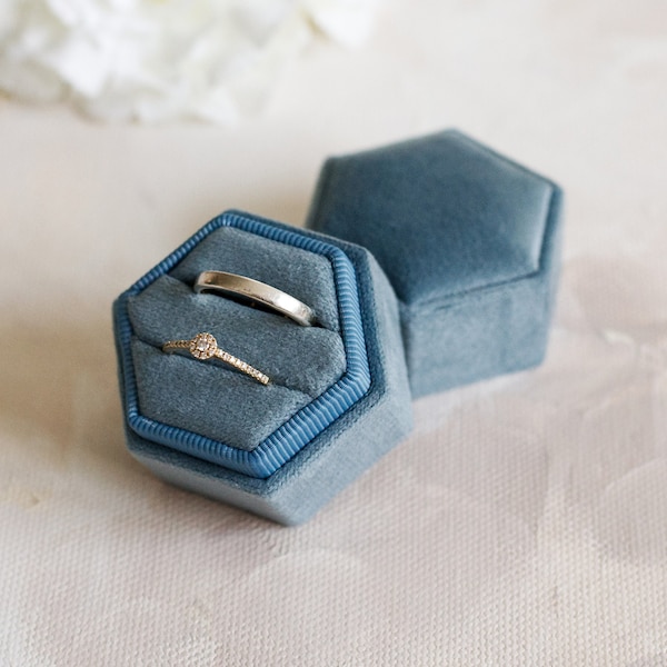 Dusty blue - personalised hexagonal velvet DOUBLE RING BOX perfect as a ring holder for wedding ceremony, jewellery ring bearer box