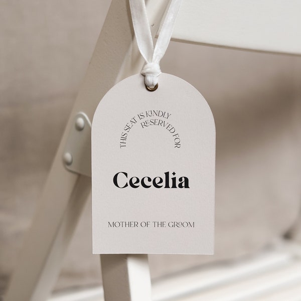 Personalised RESERVED SEAT TAGS, Wedding ceremony, Minimalist arched shape reserved seating signs, Printed modern reservation row tags