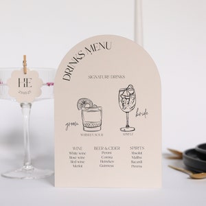 Personalised ARCHED BAR SIGN, Minimal signature drinks, Modern small wedding party card, Printed drinks menu, Event cocktails table bar sign