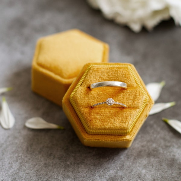 Mustard yellow - personalised hexagonal velvet DOUBLE RING BOX perfect as a ring holder for wedding ceremony, jewellery ring bearer box
