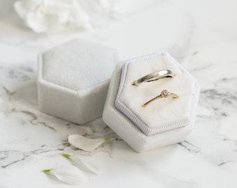 Pearl white - personalised hexagonal velvet DOUBLE RING BOX perfect as a ring holder for wedding ceremony, jewellery ring bearer box