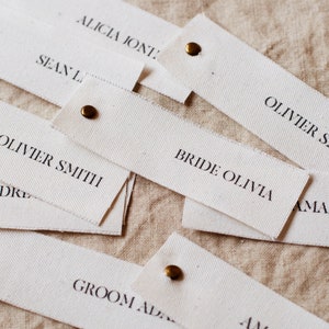 FABRIC place cards printed on NATURAL COTTON material, Personalised textile place name tag, Cloth place settings, Minimal and simple wedding image 5