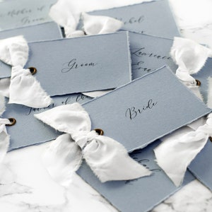 PLACE CARDS on dusky blue paper with silk RIBBON, Dusty blue wedding theme, On the day modern stationery, Simple wedding, Baby shower