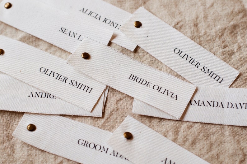 FABRIC place cards printed on NATURAL COTTON material, Personalised textile place name tag, Cloth place settings, Minimal and simple wedding image 5