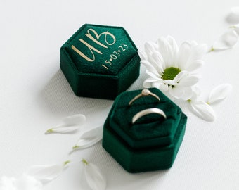 Bottle green - personalised hexagonal velvet DOUBLE RING BOX perfect as a ring holder for wedding ceremony, jewellery ring bearer box