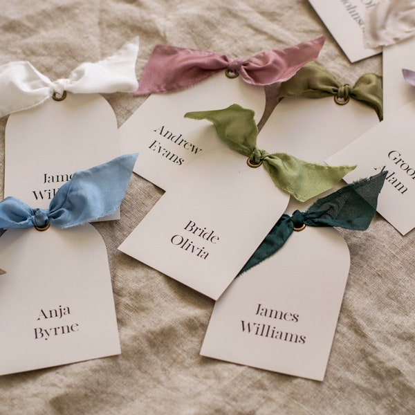 Personalised ARCH PLACE CARDS with silk bow ribbon on luxury paper, Arch/round/curve shape place name, Modern wedding, On the day stationery