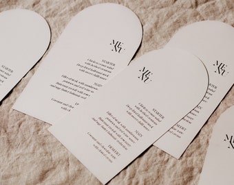 Modern ARCH WEDDING MENU printed on stone paper, Arch/round/curve shape simple table dinner menu, Minimal drink cards, On the day stationery