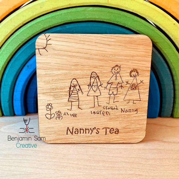 Child's Artwork Drinks Coaster, Grandparent Gift, Engraved dad gift, Personalised Wooden engraved child's drawing, wooden Teacher gift