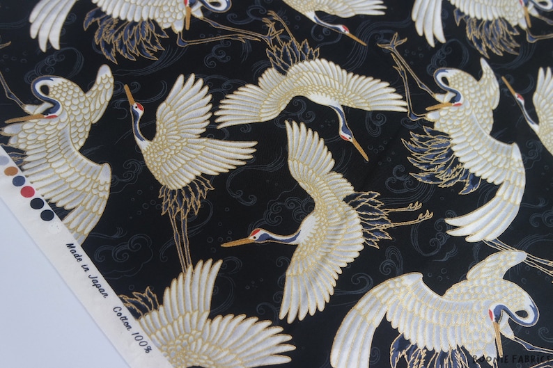 Japanese Cotton Crane Stork Heron Fabric Gold Metallic Foil | Etsy