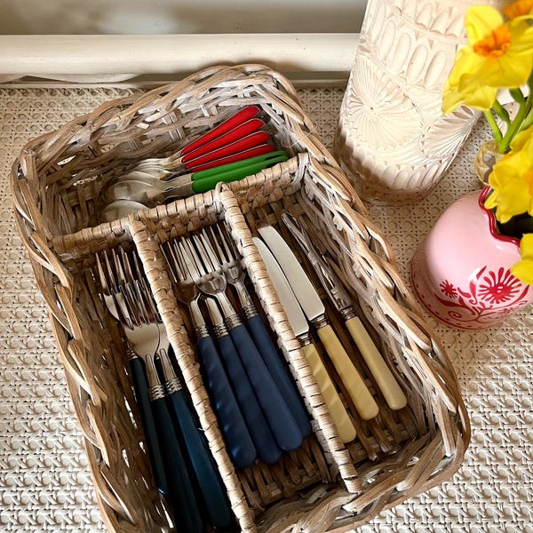 Vintage Coloured Cutlery in Handwoven Rattan Tray