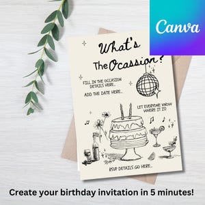 Birthday Invitation Black and Off-White Digital Download Canva Template