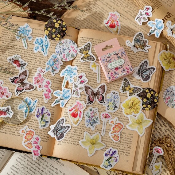 46pcs/lot Floral and Plant Butterfly Box Stickers DIY Scrapbooking Adhesive Collage Photo Album Craft Decor Stationery