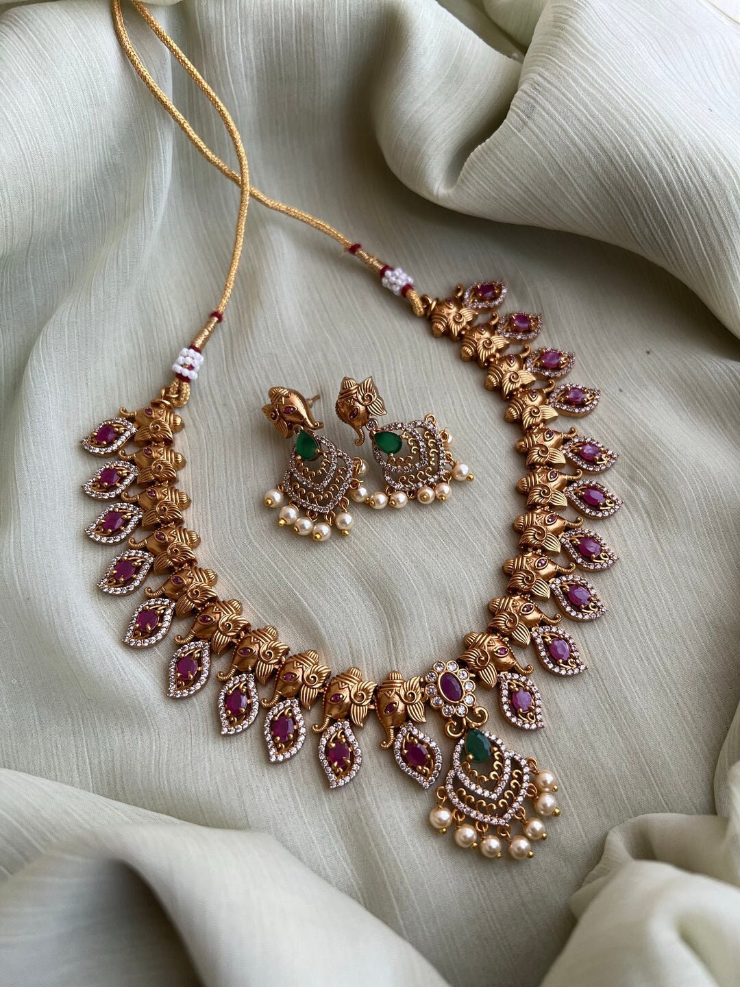 South Indian Haram With Gold Finish Necklace With Tints of - Etsy
