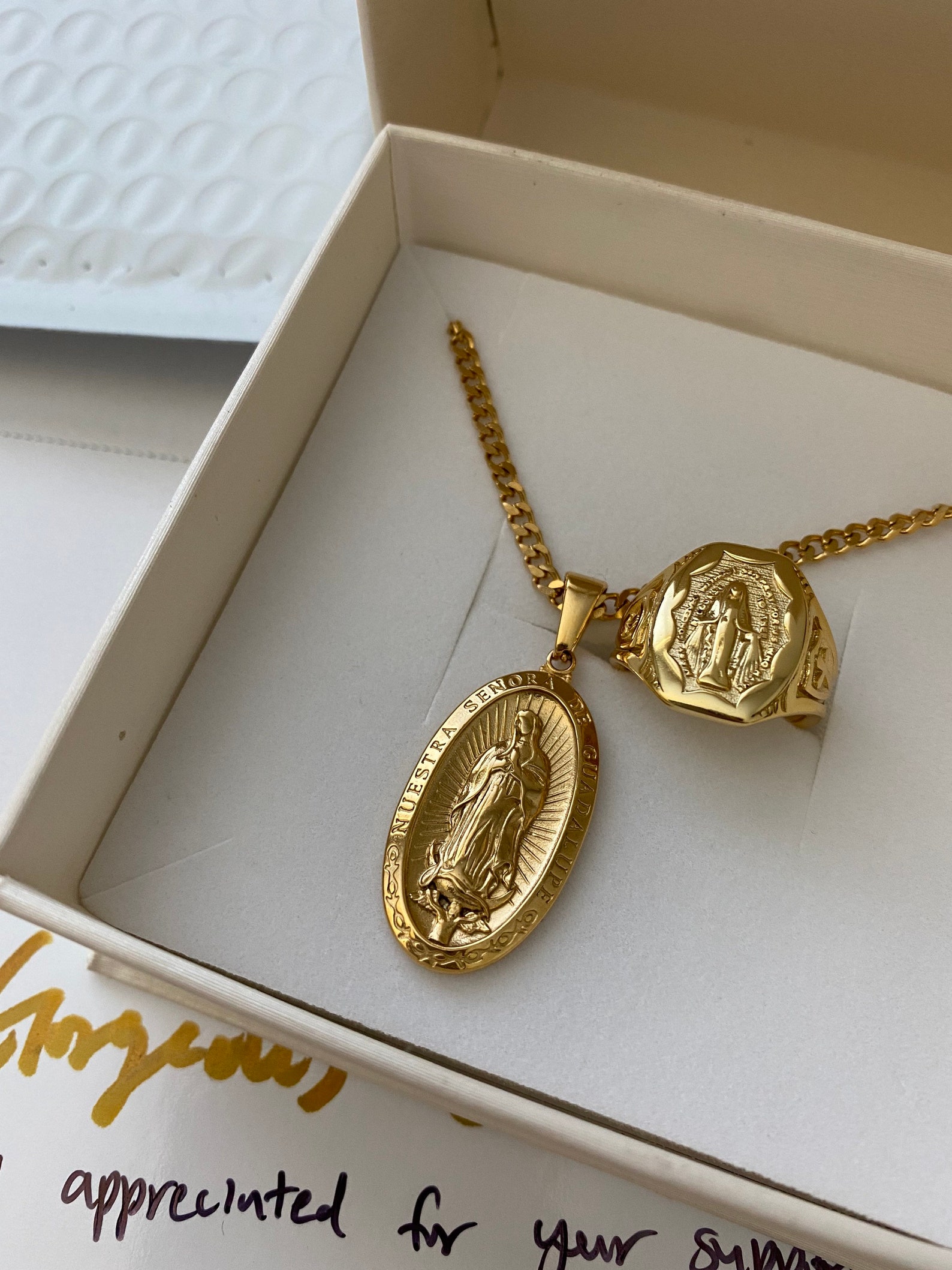Virgin Mary 18K Gold Plated Necklace, Virgin Mary Signet Gold Ring ...