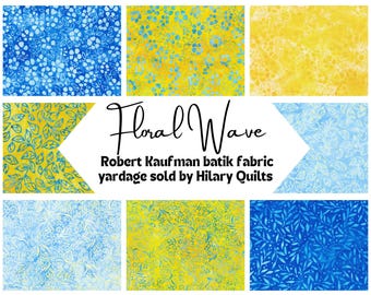 Floral Wave Blue and Yellow Batik Fabric - Robert Kaufman Hand-Dyed Cotton