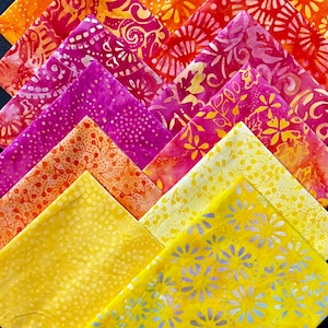 Tela batik rosa y naranja brillante y alegre para verano (12 piezas) - Algodón teñido a mano Benartex
