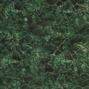 May include: A dark green fabric featuring a repeating batik pattern of stylized floral shapes and swirling lines. The design includes intricate dotted textures and varying shades of forest green, creating a deep, layered appearance across the surface.