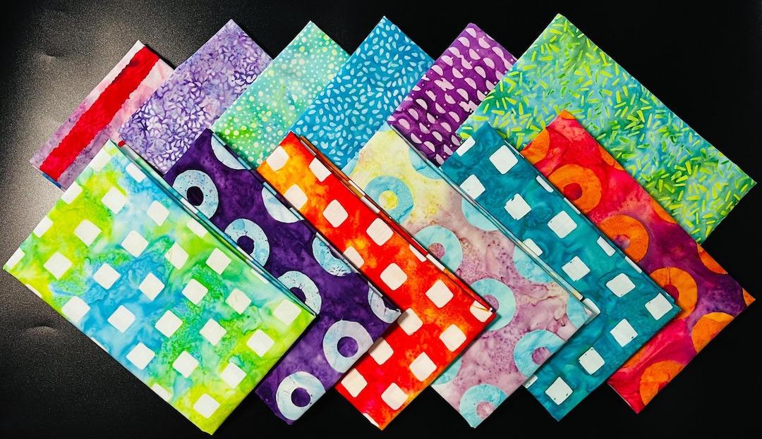 Whimsical Squares, Stripes & Circles Batik Fabric Fat Quarters (12 ...