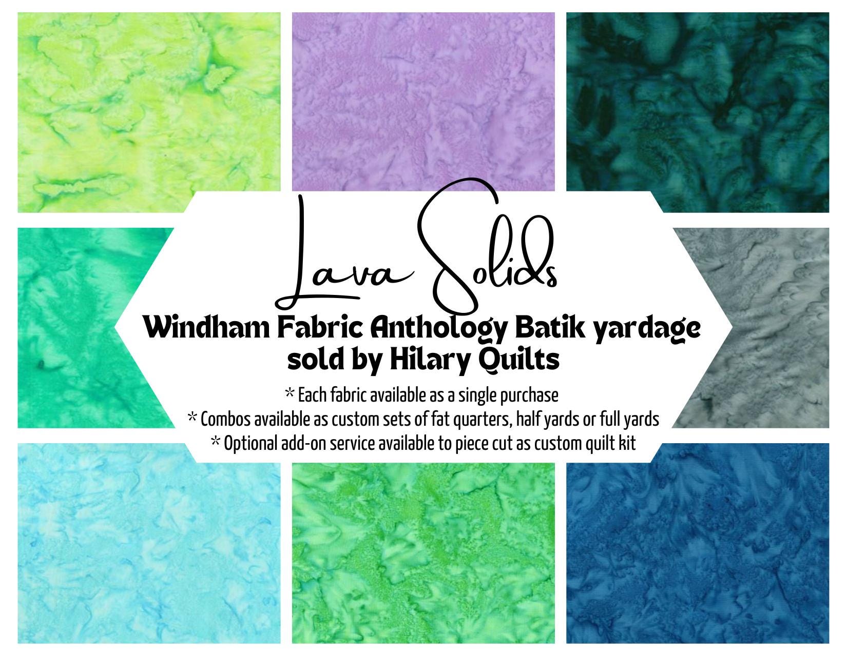Lava Solids cool colors watercolor batik fabric by Anthology Batiks in 8 varieties, sold by the yard or half yard