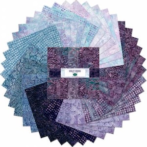 May include: A pack of 42 fat quarter fabric squares in shades of purple, blue, and white with a batik pattern. The fabric squares are arranged in a circle with the text "Violet Crush" in the center.