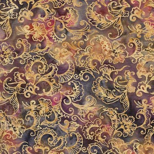 Floral Leaves Multi Purple Peach Rhapsody batik fabric from Victorian collection by Island Batik, sold by the yard or half yard