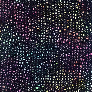 May include: Black fabric with a pattern of small, colorful dots in shades of pink, yellow, green, and blue. The dots are scattered across the surface, creating a textured appearance. The overall effect is a vibrant and eye-catching design.