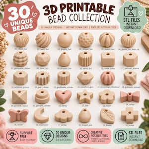 May include: A collection of 30 unique 3D printable beads in various geometric and organic shapes, including spheres, stars, hearts, and flowers. Each bead is labelled with a number and name, presented as digital STL files for instant download.