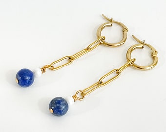 Lapis & Pearl Gold Paperclip Hoop Earrings