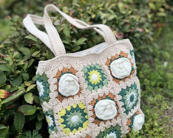 Gehaakte handvat tas, oma vierkante tas, strandtas, Afghaanse tas, schoudertas, gehaakte schoudertas, zonnebloem vintage tas, cadeau voor vrouw portemonnee