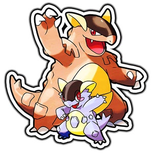 May include: A cartoon illustration of two Pokemon, a brown and yellow  Rhydon and a purple and yellow Rhyhorn. Rhydon is standing with its arms raised and Rhyhorn is standing in front of Rhydon.