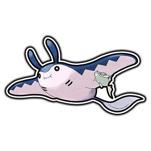 May include: A cartoon illustration of a pink and blue manta ray with a smaller fish attached to its underside. The manta ray has a large, round body and two long, thin fins. The fish is a light blue color with a dark blue fin.